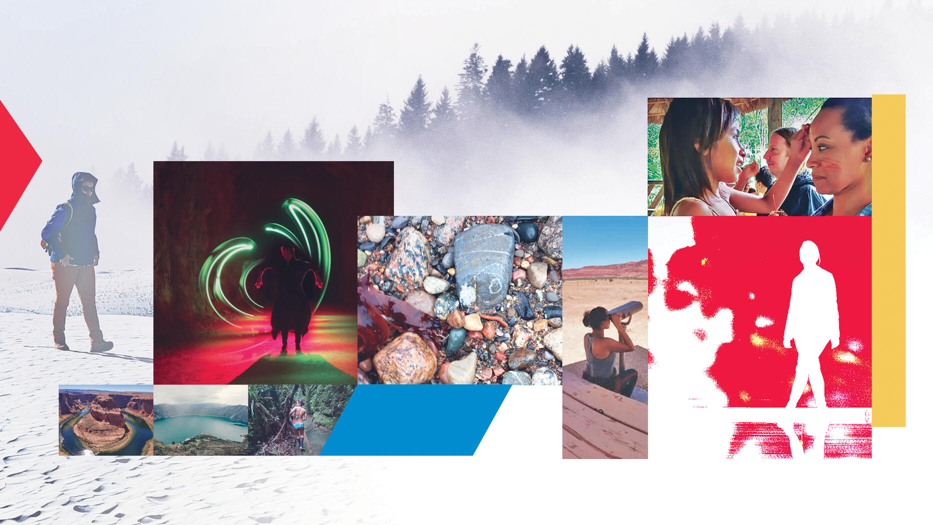 Collage of images from exploratory travel around the world, immersive creative art)(like light painting) and graphic design in advanced gradients and bright greens, blues, reds, and yellows. Collage of images from exploratory travel around the world, immersive creative art)(like light painting) and graphic design in advanced gradients and bright greens, blues, reds, and yellows.