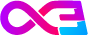 Omega experiences logo in blues and pinks with a large letter "E" that is connected to a race track.